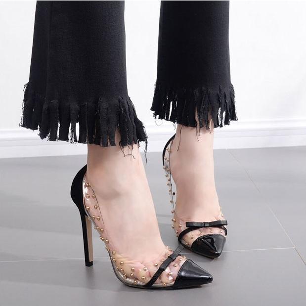 12cmヒール パンプス ピンヒール クリア リボン ハイヒール スタッズ