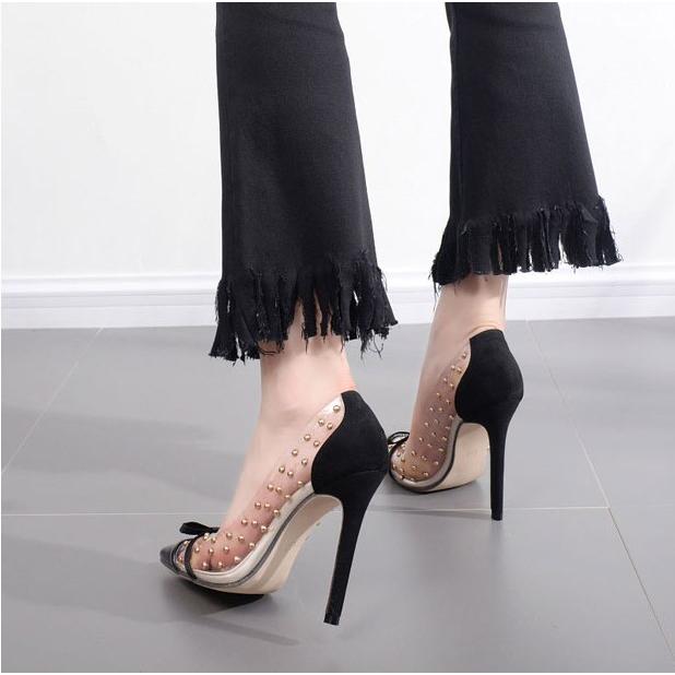 12cmヒール パンプス ピンヒール クリア リボン ハイヒール スタッズ