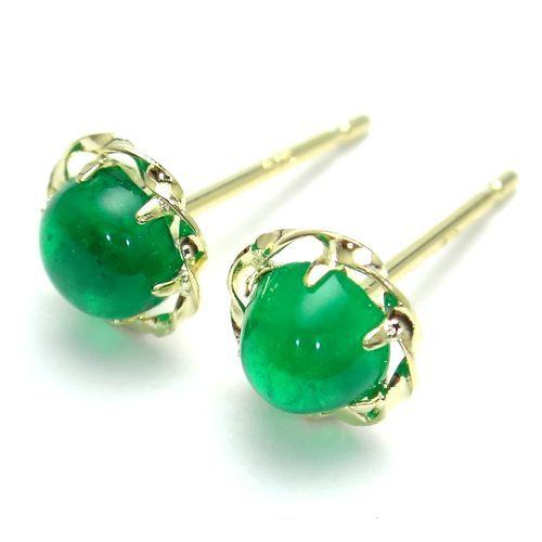 K18 ピアス エメラルド 4mm ラウンド カボション YG イエローゴールド  