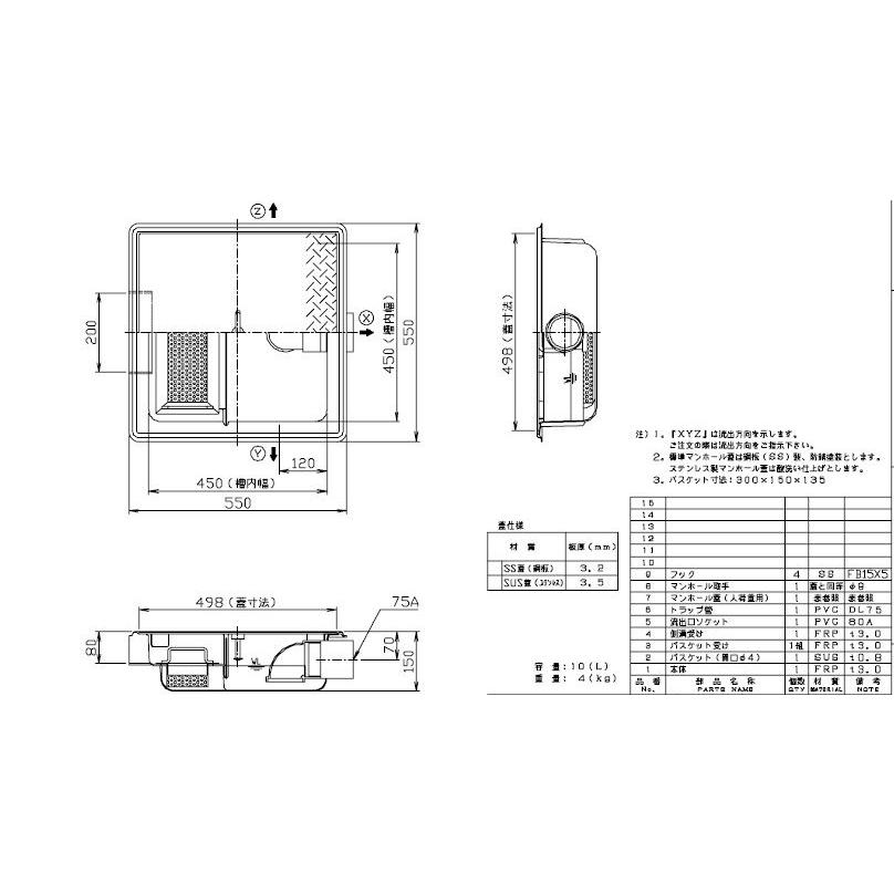 FRP製超浅型排水枡[側溝流入式]　ホーコスGFR-10JEU