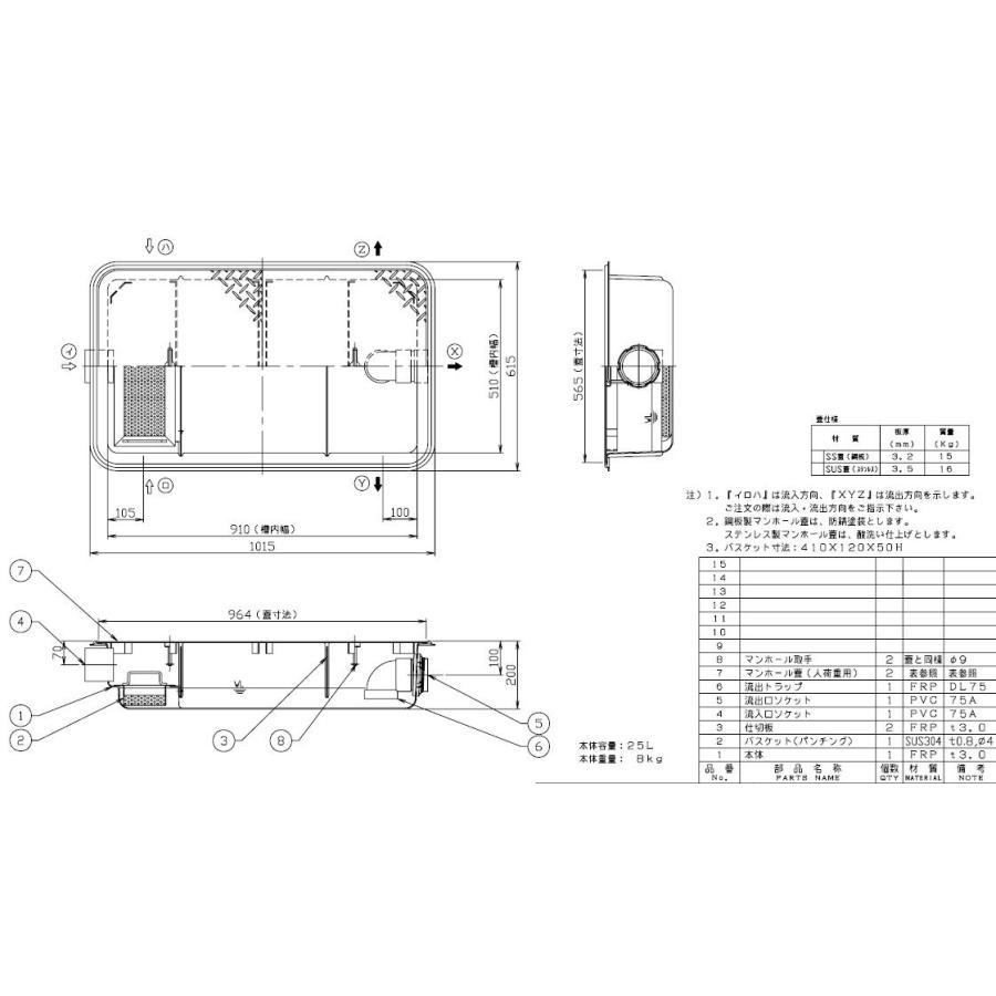 FRP製超浅型グリストラップ[パイプ流入式] ホーコスGFR-25JPU : 年中