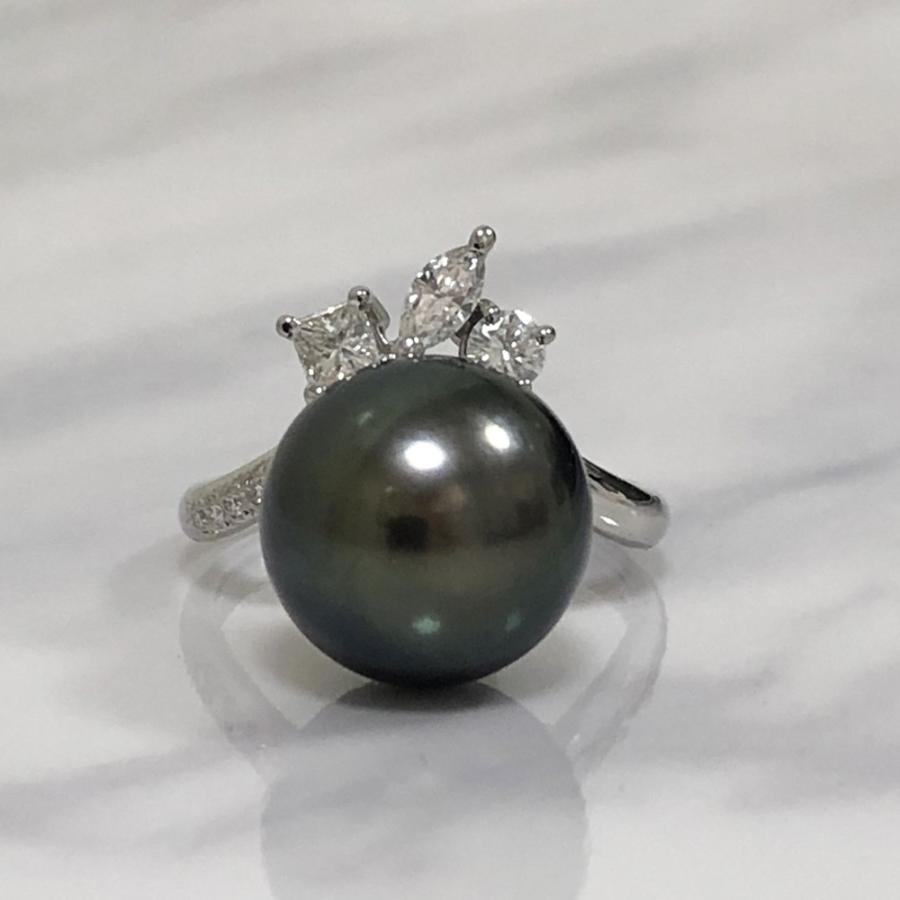 Pt900 タサキ ブラック パール 真珠 12.4mm ダイヤ0.40ct リング 8.0g