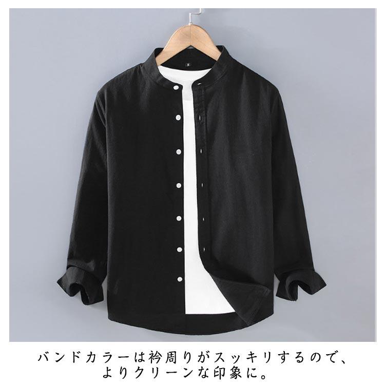 CALMER　リネン100%　シアーシャツ　長袖　バンドカラー　ブラック　日本製 リネンシャツ メンズ 長袖 バンドカラー ノーカラー カジュアルシャツ