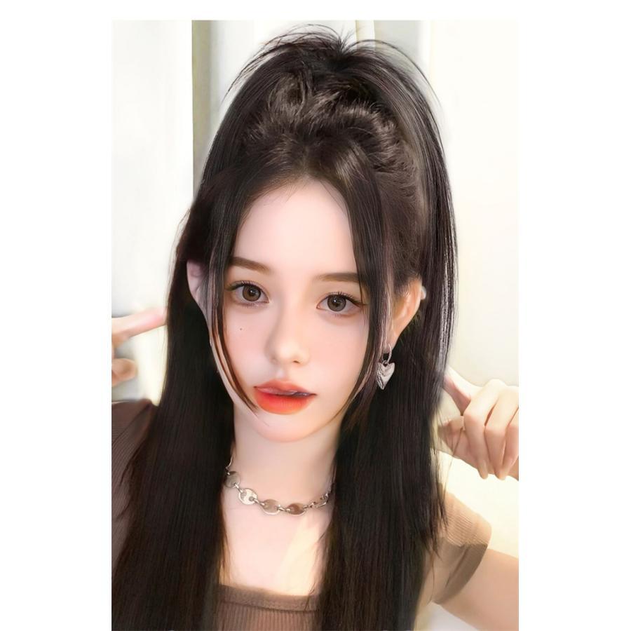 大衆演劇　女面　ポニーテール　黒のロングウィッグ 花飾り付き ポイントウィッグ ポニーテール ウィッグ ロング(約50〜60cm