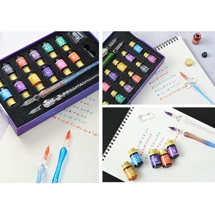 50%オフ✨ベルランガラスペン 本体2+インク12本 ガラスペン セット インク12色・ペン2本 グラデーション 筆ペン