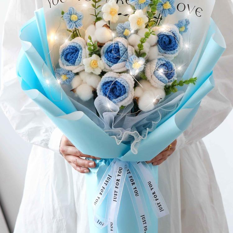 かぎ針編みのお花束 手作り 毛糸 バラ ひまわり フラワーブーケ 枯れ