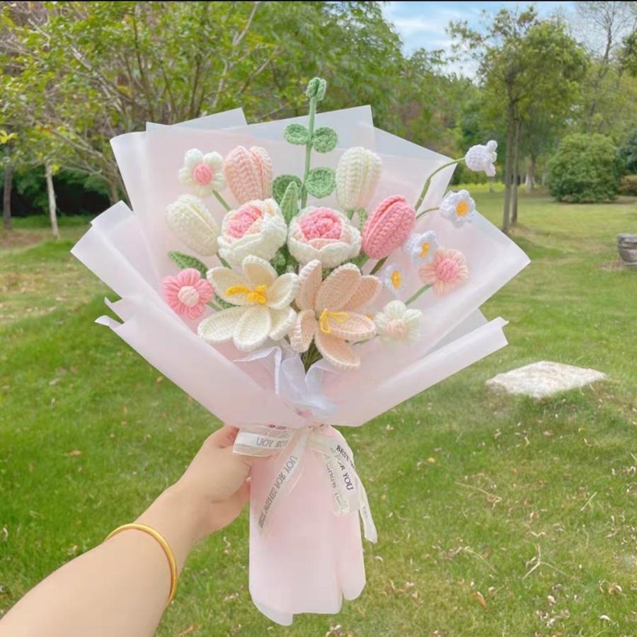 手作りかぎ針編みフラワーブーケ 毛糸の花束 枯れない花 ハンドメイド