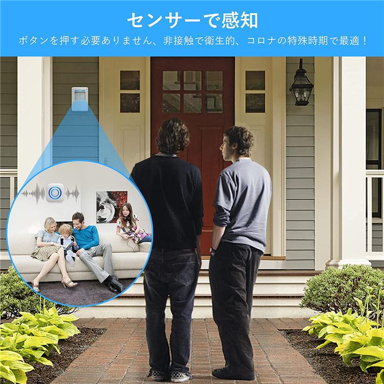 ワイヤレスチャイム 人感センサー 非接触 インターホン コードレス ドアチャイム 音と光 呼び出しチャイム 3段階音量調節 38種類呼び出し音 飲食店 店舗 DM2602スゴイストア