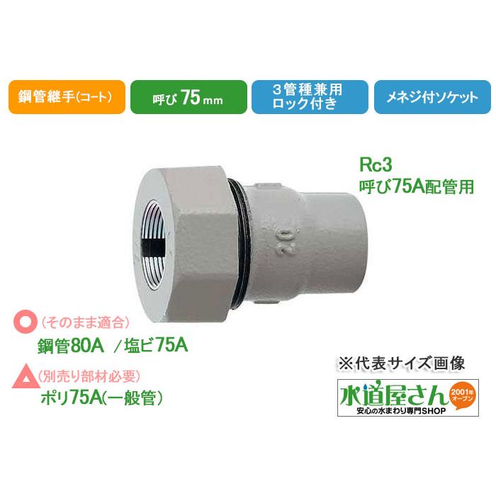 水道用3管兼用メネジ付アダプター75A,ハイロック付き,樹脂コート鋼管