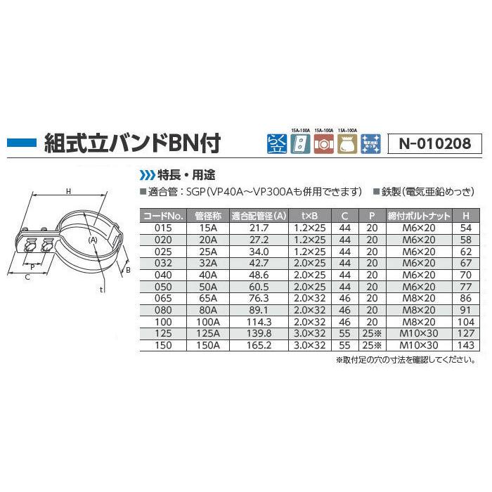 日栄インテック,N-010208-80A,組式立バンド,鋼管80A/塩ビ管75A用,鉄製
