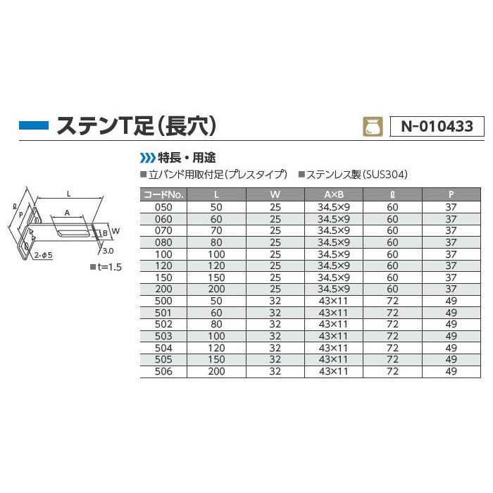 ネコポス対応,日栄インテック,N-010433-050,SUS長穴T字足,高さ50mm×幅