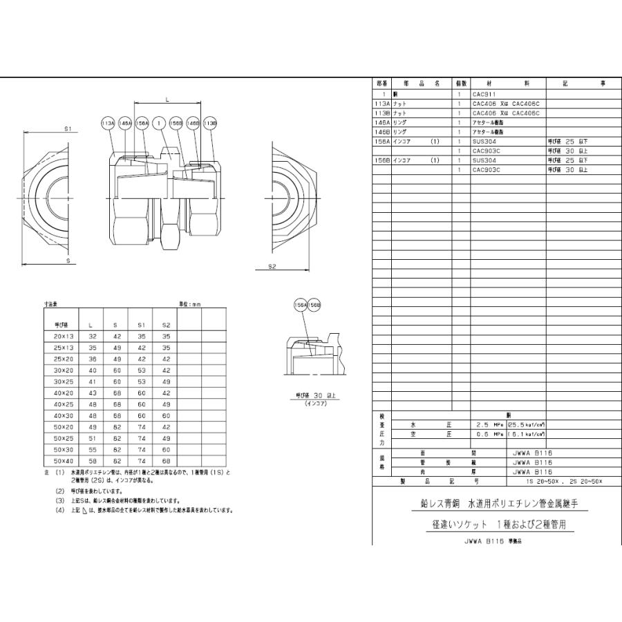 水道用ポリエチレン二層管用金属継手,PE継手/SPジョイント,異径ソケット(青銅製,呼び50×20ミリPP管用)｜suidou｜02