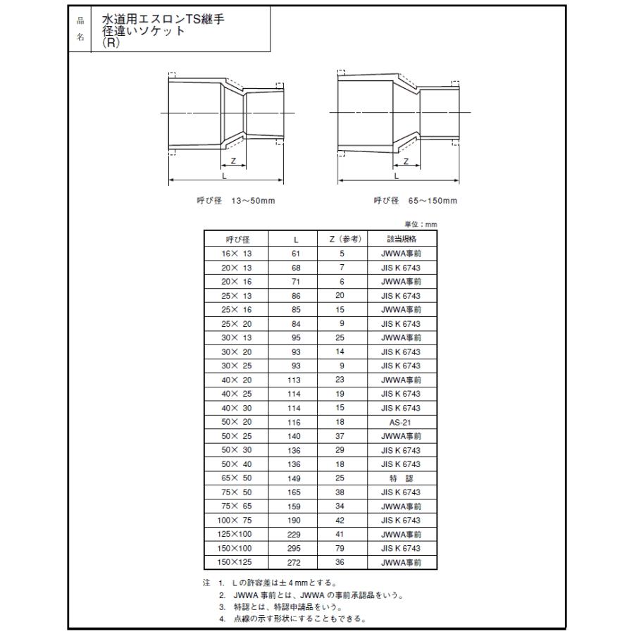 給水用,TS径違いソケット(呼び65A×50A)硬質塩化ビニール継手