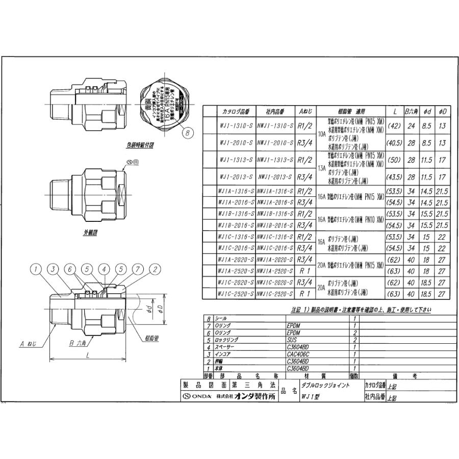 オンダ,ダブルロックジョイント,テーパーおねじ継手,黄銅製WJ1型 オンダ,ダブルロックジョイント,テーパーおねじ継手,黄銅製WJ1型