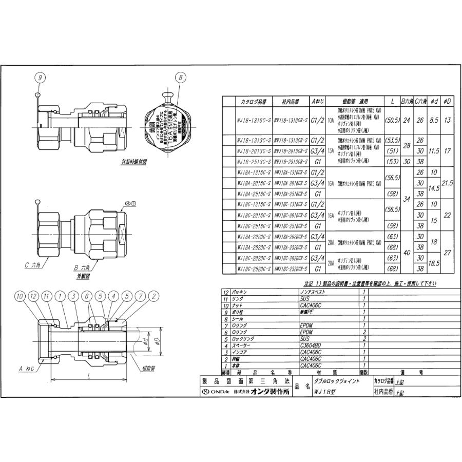 オンダ,ダブルロックジョイント,ナット付アダプター,黄銅製WJ18型(G3/4