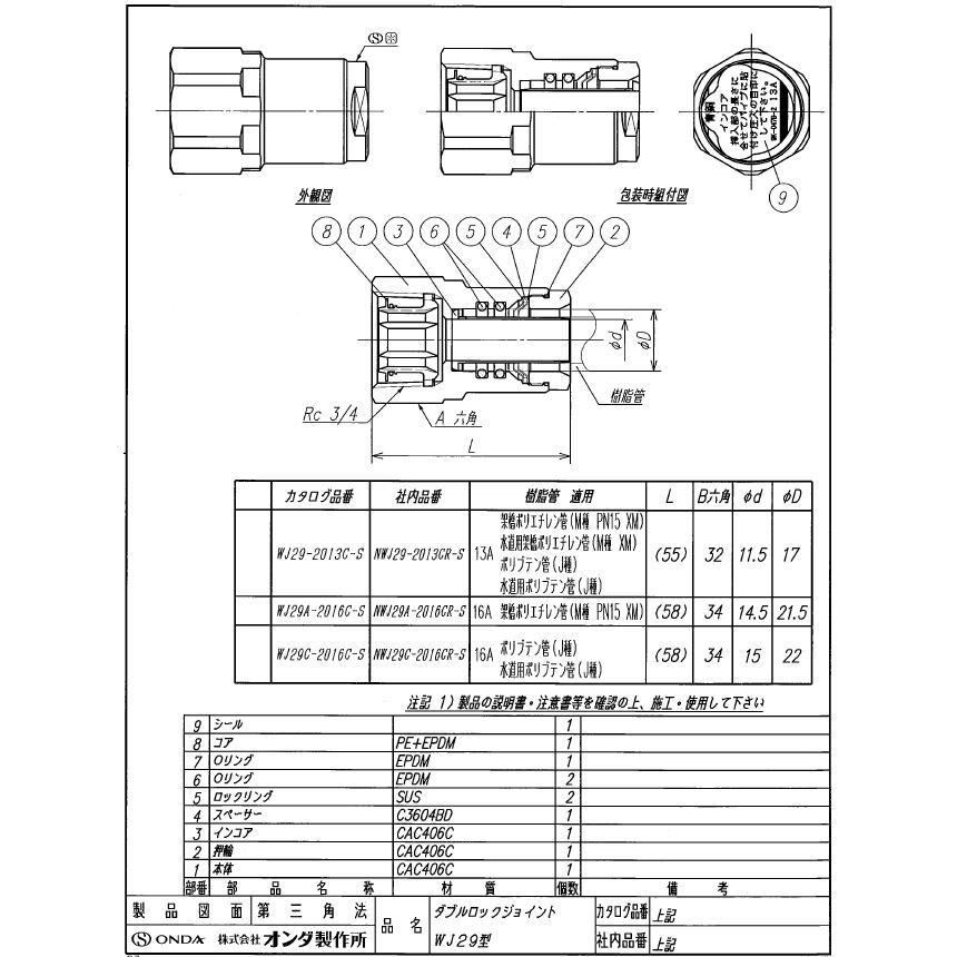 オンダ,ダブルロックジョイントWJ29型,テーパーめねじ管端コア オンダ,ダブルロックジョイントWJ29型,テーパーめねじ管端コア