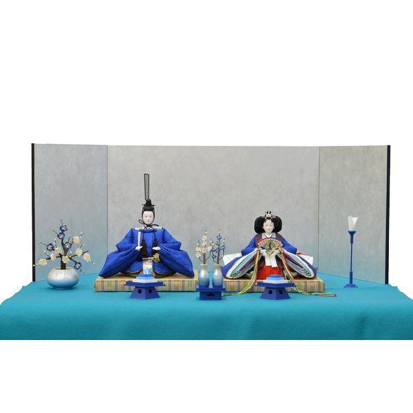 ひな人形 ７点セット 親王毛せん飾り きよら 青 京十番 三五 スカイブルー 雲立中 銀屏風 青毛せん 銀彩青徳利 ka36aqg 132458733