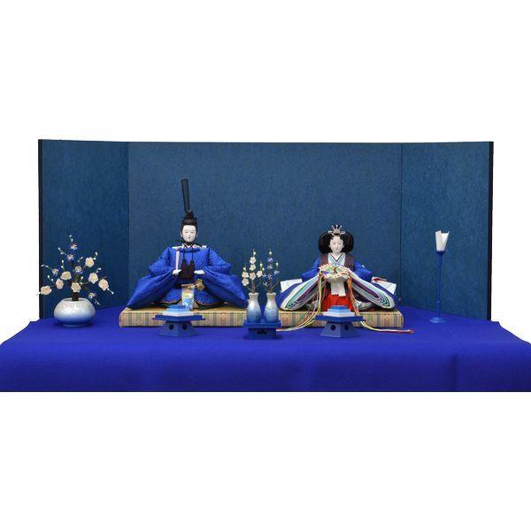 ひな人形 ７点セット 親王毛せん飾り きよら 青 京十番 三五 スカイブルー 雲立中 青屏風 紺毛せん 銀彩青徳利 ka37blg 132458736
