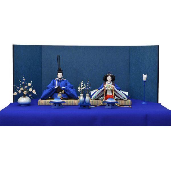 ひな人形 ７点セット 親王毛せん飾り きよら 青 京十番 三五 スカイブルー 雲立小 青屏風 紺毛せん 銀彩青徳利 kb37blg 132458740