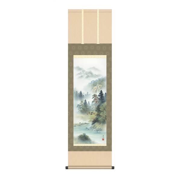 彩色山水 野村英仙 尺八立 肉筆！ 山水画 - 掛け軸（掛軸）販売 掛軸