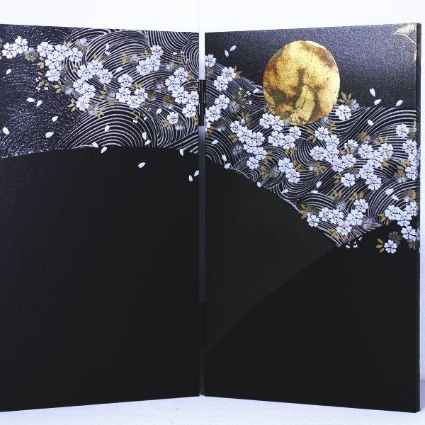 屏風 10号二曲一双 三月屏風二曲一双黒サテン金彩群鶴 幅18cm ×高さ