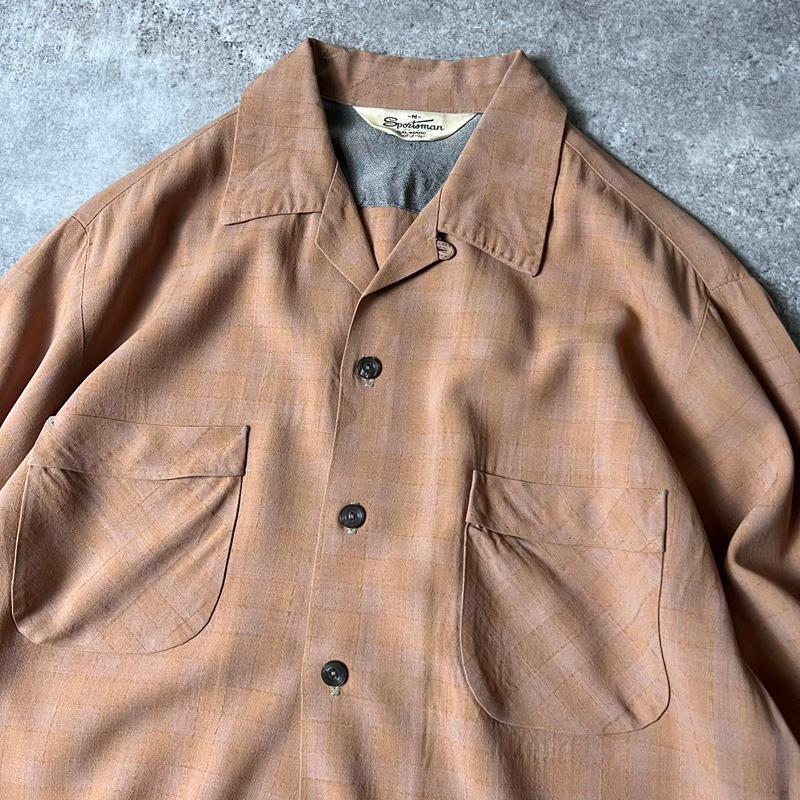 50s Sportsman チェック 長袖 レーヨン オープンカラー シャツ M / 50 