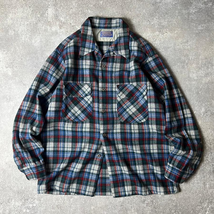 70s USA製 Pendleton ウール チェック 長袖 オープンカラー ボード 