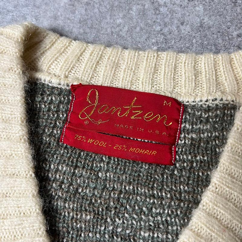 60s USA製 Jantzen アーガイル 総柄 25% モヘア ウール Vネック ニット 