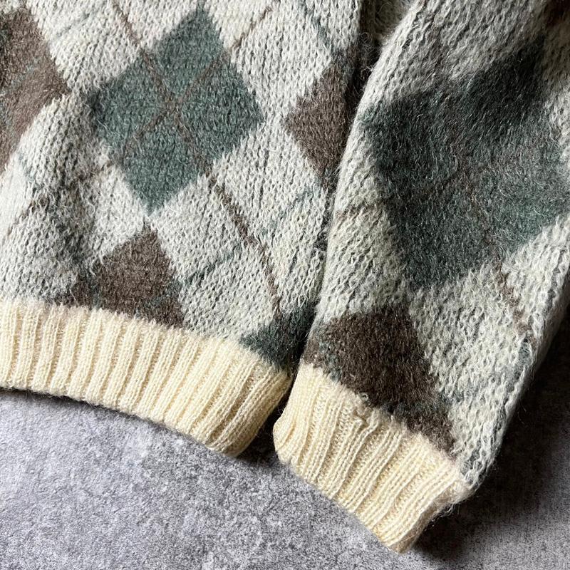 60s USA製 Jantzen アーガイル 総柄 25% モヘア ウール Vネック ニット 