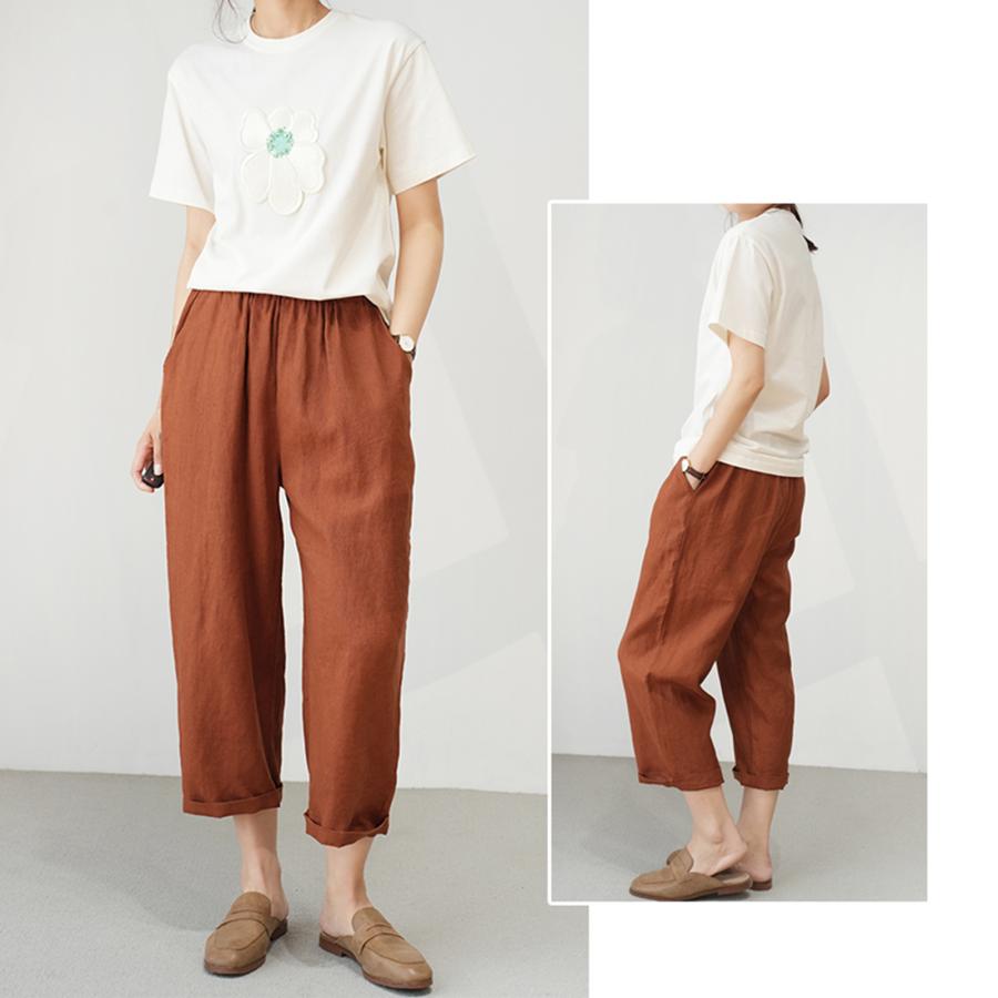 レディース麻リネン100% パンツ レディースサルエルパンツ無地