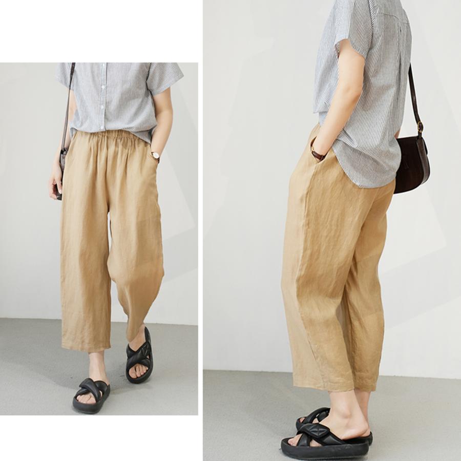 レディース麻リネン100% パンツ レディースサルエルパンツ無地