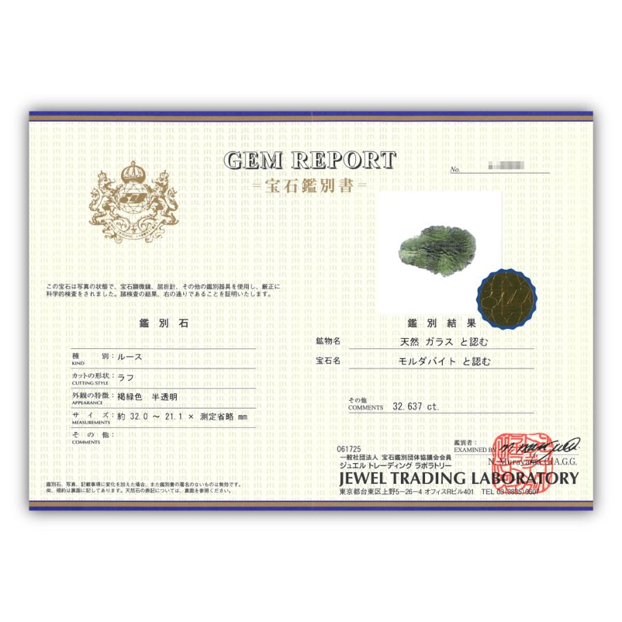 一点もの】モルダバイト(32.637カラット) 原石 鑑別書付き moldavite