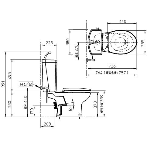 送料無料　TOTO　便器セット　床上排水(壁排水)タイプ　CS370P+SH371BA　手洗付・便座なし｜suisuimart｜02