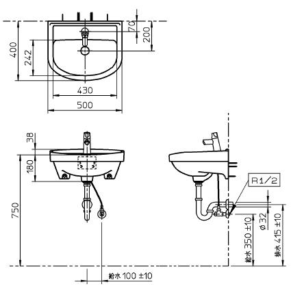 TOTO 壁掛小形洗面器 TOTO L210Cセット ハンドル式単水栓仕様