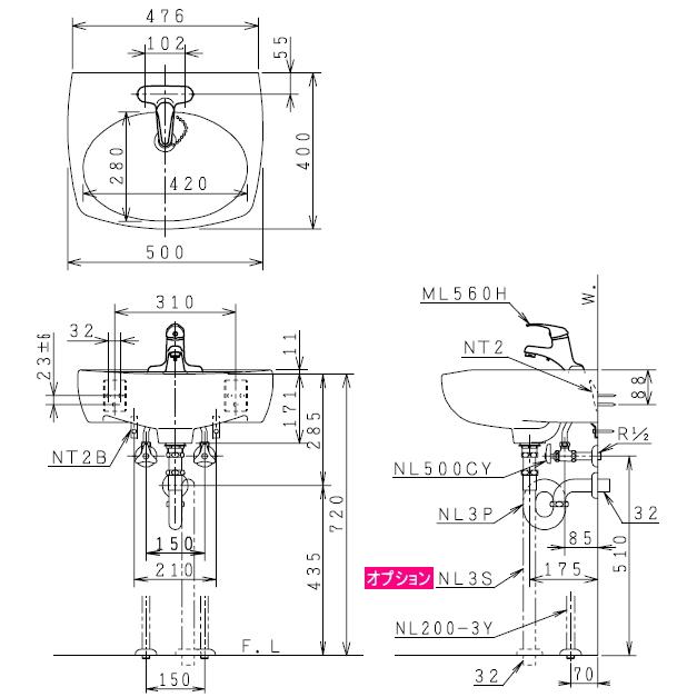 ジャニス工業　小形洗面器セット　L500NS　シングルレバー湯水混合水栓付　壁排水　BW1　サイズ500X400mm