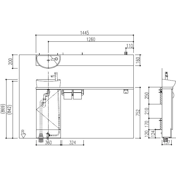 LIXIL　リクシル　トイレ手洗　キャパシア　カウンターキャビネットプラン　奥行160mm　カウンター1445mm　丸形手洗器　YN-ALLEAAKXHEX
