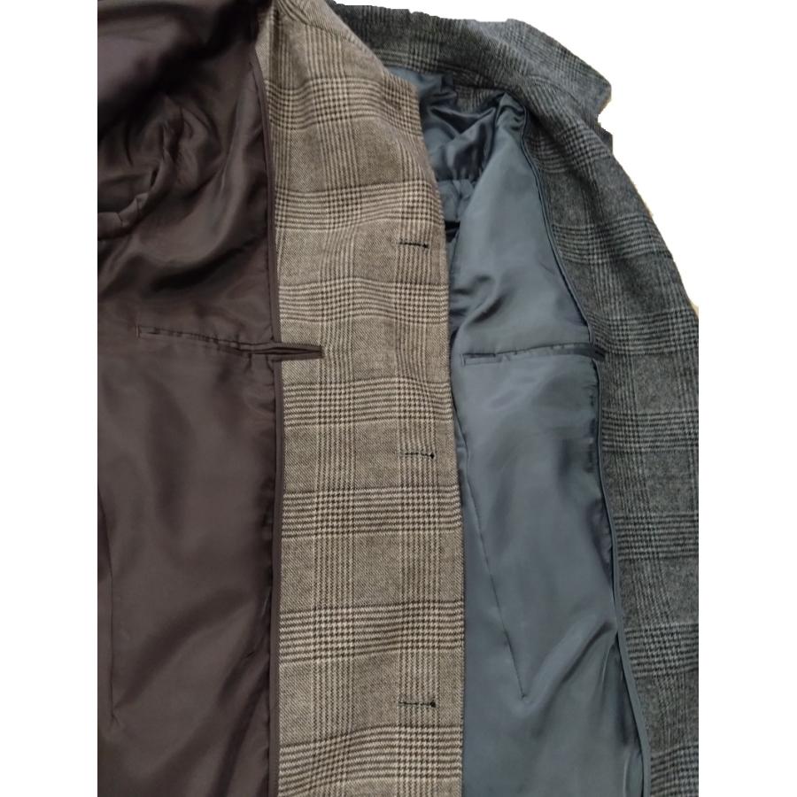 メンズビジネスステンカラーコート ミドル丈 ウール混 グレンチェック