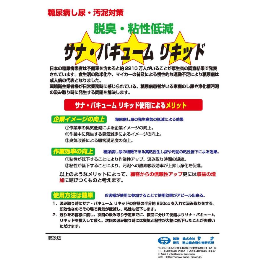 強力脱臭 糖尿病し尿 サナ・バキュームリキッド 500g 30本 汚泥対策 粘性低減 汲取り作業向上 送料無料_1