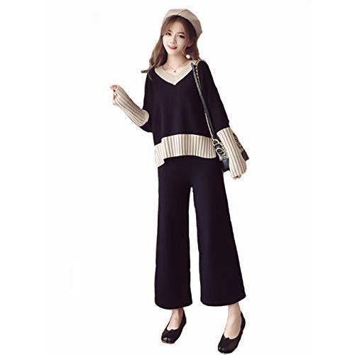 最愛 Carlie Kloss Vネック ニット ワイドパンツ レディース セットアップ パンツスーツ 同窓会 服装 ツーピース フォーマル 上下 二点セット 秋 冬 黒と白 Xl Praxisfrauendorf De