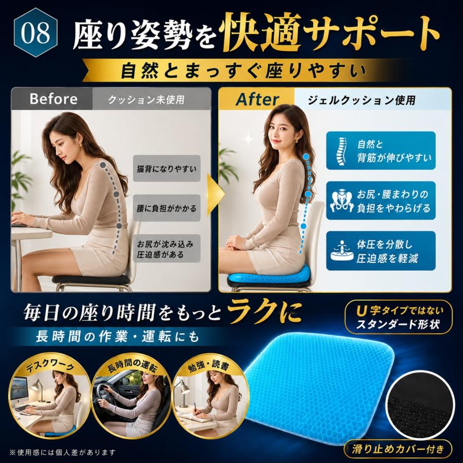 ジェルクッション ゲルクッション 極厚 2026 腰痛 クッション 椅子 特大 カバー付き 大きい ハニカム 大 3cm 6cm 2枚 構造 低反発 |  | 10
