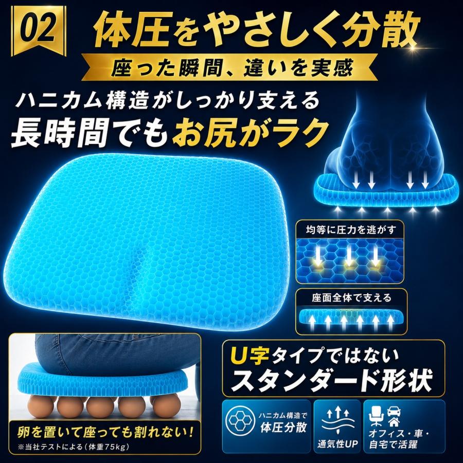 ジェルクッション ゲルクッション 極厚 2026 腰痛 クッション 椅子 特大 カバー付き 大きい ハニカム 大 3cm 6cm 2枚 構造 低反発 |  | 04