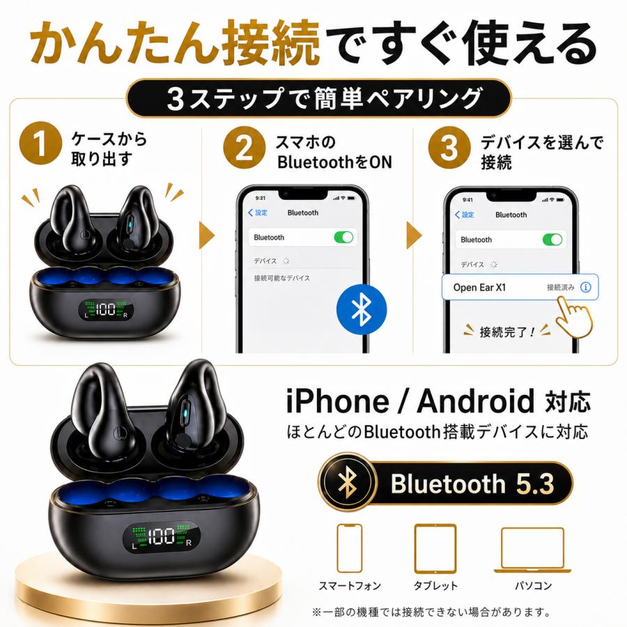 骨伝導イヤホン ワイヤレスイヤホン Bluetooth 5.3 片耳 マイク 難聴の