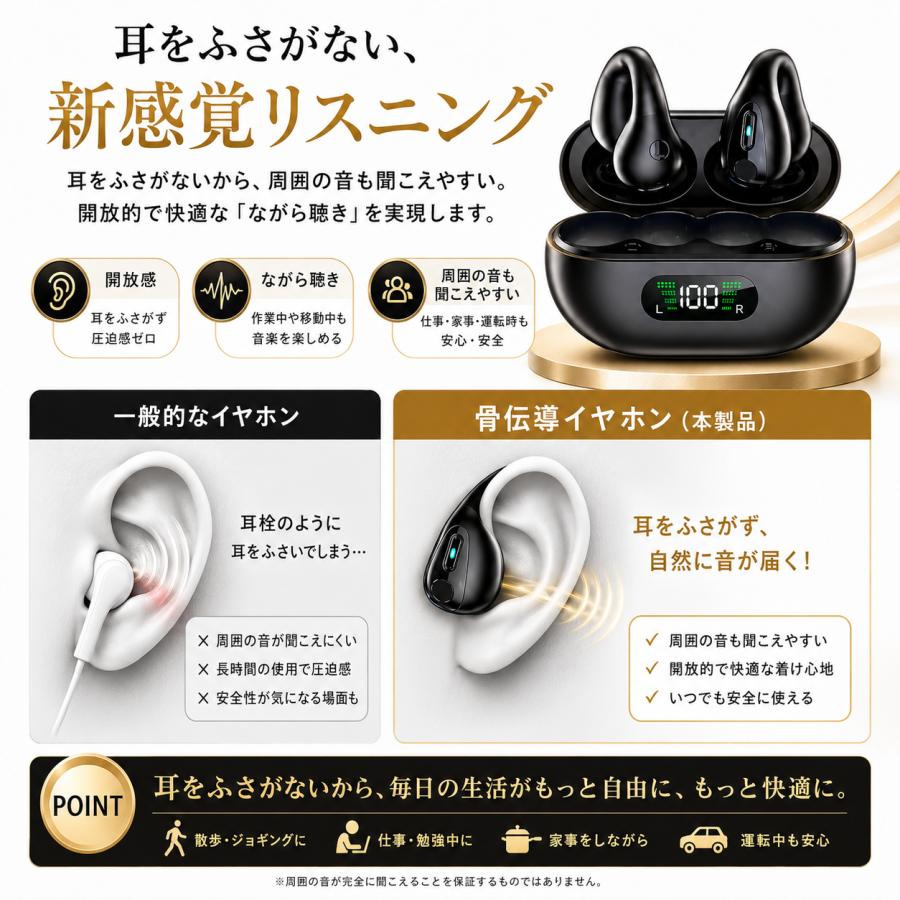 骨伝導イヤホン ワイヤレスイヤホン Bluetooth 5.3 片耳 マイク 難聴の
