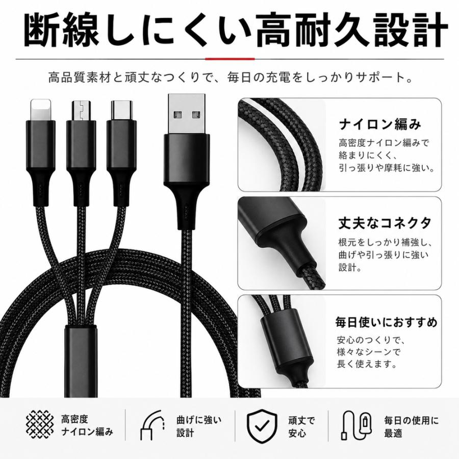 iPhone ケーブル USB Type-C 3in1 iPhone 17 16 17Pro 18 Air 17ProMax Android用 micro USB 急速充電 USBケーブル 高耐久ナイロン |  | 05