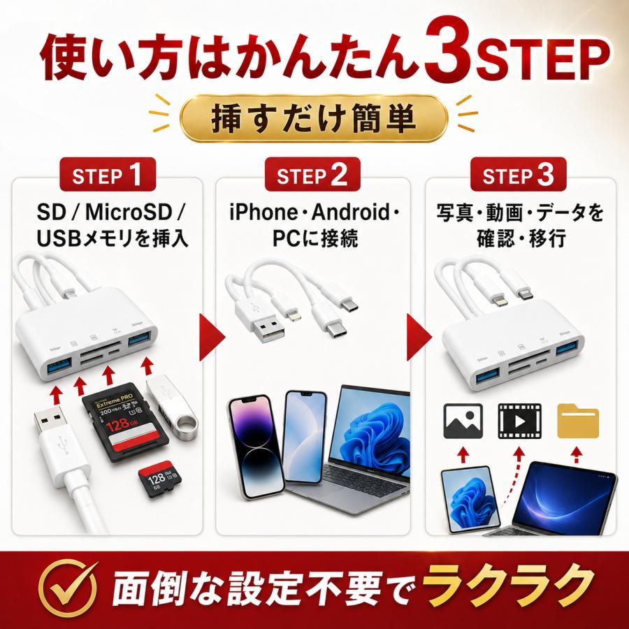 SDカードリーダー iPhone iPad iphone 17 type-c 5in1 高速 USB type c 純正 lightning マイクロ usb3.0 12 転送 データ移行 双方向 アイフォン バックアップ |  | 05