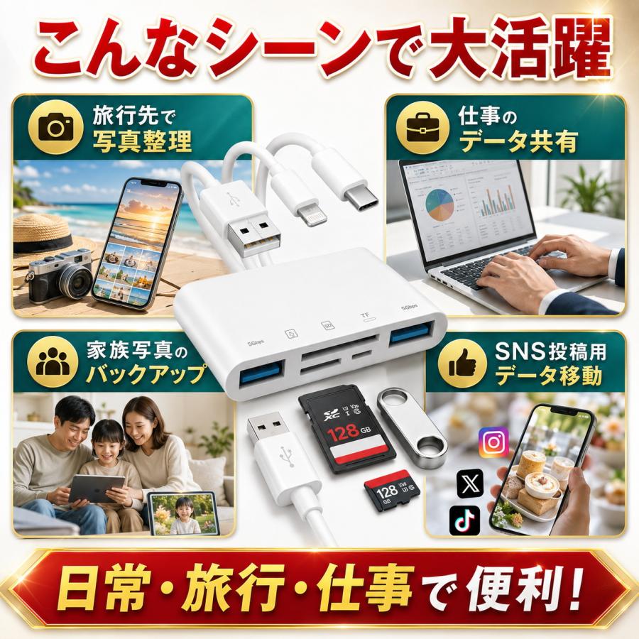 SDカードリーダー iPhone iPad iphone 17 type-c 5in1 高速 USB type c 純正 lightning マイクロ usb3.0 12 転送 データ移行 双方向 アイフォン バックアップ |  | 07