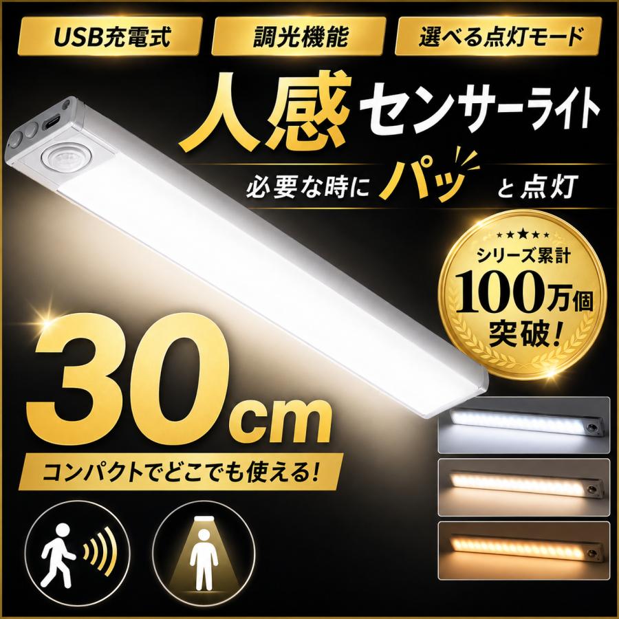 【30cm】センサーライト 人感センサーライト 室内 屋外 屋内 LED 玄関 防水 充電式 電池式 USB カーポート トイレ 小型 防犯 自動 点灯 フットライト 足元灯（Yahoo!・VIP イヤホン・替刃・ライト・マウス 専門店）