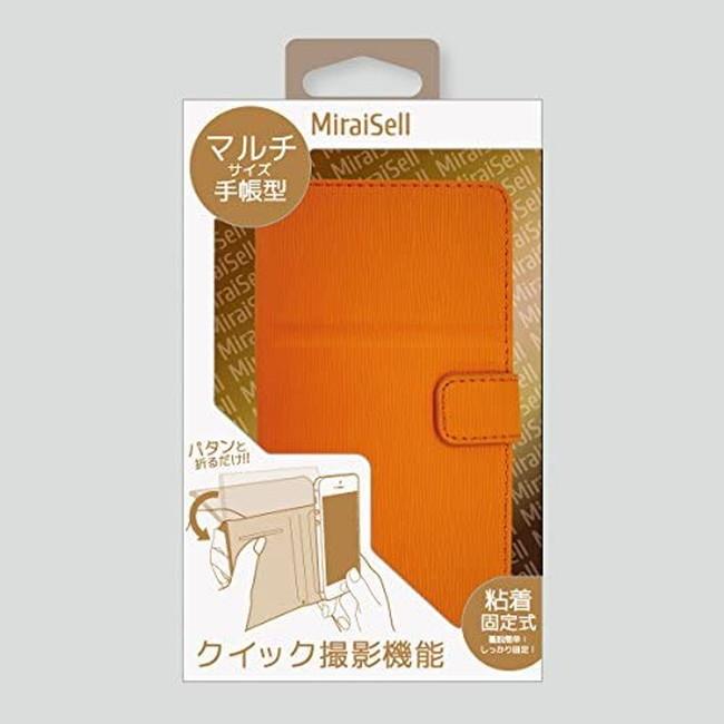 ミライセル マルチサイズ 手帳型 ケース エピ柄オレンジ 粘着固定式採用  約75x150mm以下の機種に対応 多機種に対応 PUレザー スタンド機能 |  | 01