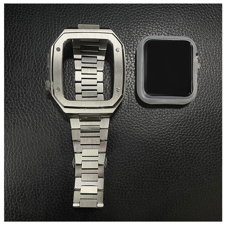 apple watch 7 バンド 一体型 アップルウォッチ Series 6 5 4 se 金属製 時計ベルト 着せ替え 交換 44mm 45mm 全面保護 男性 耐衝撃 耐久性 長さ調整器具付きの画像