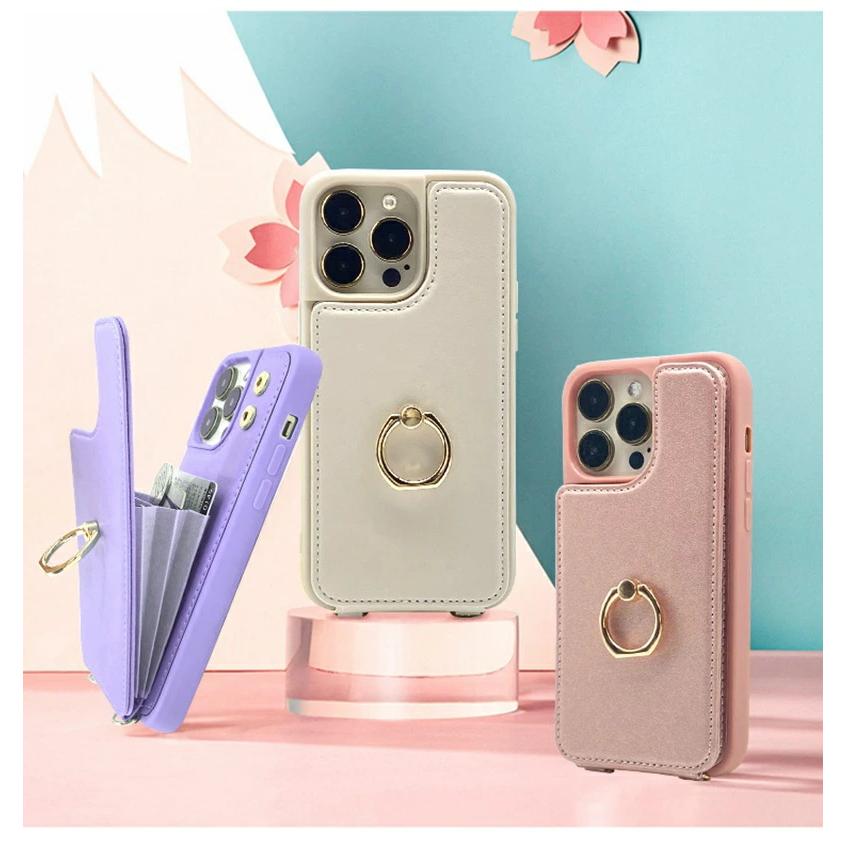 iPhone14 ケース カード収納付き パープル ショルダー紐付き カバー iPhone14 ケース カード収納付き パープル ショルダー紐付き カバー